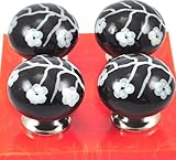 Set of 4 black & white floral round ceramic cabinet knobs handles pulls