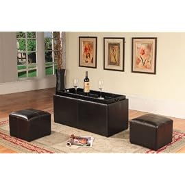Faux Leather Storage Bench Coffeetable with 2 Ottomans, Espresso