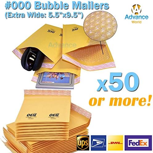 Advance World 50 x #000 4.75"x7.3" KRAFT BUBBLE MAILER CUSHION SELF-SEAL PADDED MAILING ENVELOPE BAG CD DVD (BONUS SIZE: EXTRA-WIDE 5.5" x 9.5" 5.5x9.5) Approved for USPS, UPS, FedEx, and DHL