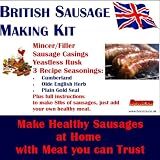 Bonzza British SAUSAGE MAKING KIT with Meat Mincer Grinder Stuffer, Sausage Skins, Seasonings & Yeastless Rusk in a Boxed Set makes up to 8lbs of virtually SALT FREE sausages Cumberland, Olde English, Plain with added meat. Ideal Gift.  from Bonzza