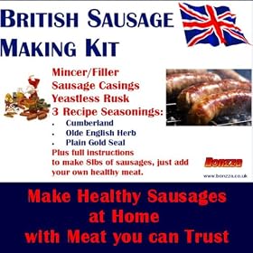 Bonzza British SAUSAGE MAKING KIT with Meat Mincer Grinder Stuffer, Sausage Skins, Seasonings & Yeastless Rusk in a Boxed Set makes up to 8lbs of virtually SALT FREE sausages Cumberland, Olde English, Plain with added meat. Now with Pasta Making attachments to make your own Macaroni, Tagliatelle and Spaghetti. An Ideal Gift.