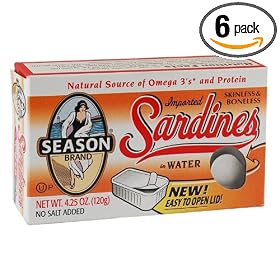 Season Skinless & Boneless Sardines in Water, 4.25-Ounce Tins (Pack of 6)