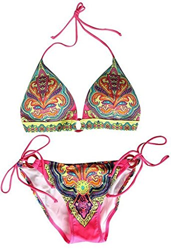 VonFon Flower Printing Push Up Top & Triangle Bottom Women Swimwear Bikini Pink Small
