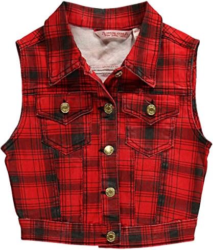 Crystal Vogue Big Girls' "Punk Plaid" Denim Vest - red, 8 - 10