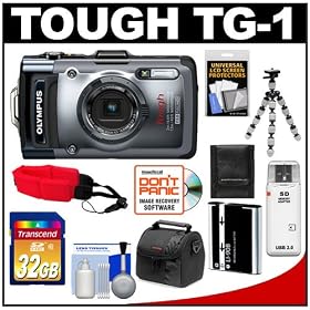 Olympus Tough TG-1 iHS Shock & Waterproof Digital Camera (Silver) with 32GB Card + Case + Battery + Flex Tripod + Floating Strap + Accessory Kit