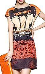 A-line Polyester Leopard Print Vintage Scoop Neck Short Sleeves Midi Dress 