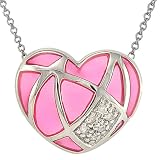 Pink Enamel and Round Diamond Heart Pendant in 14k White Gold