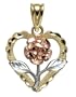 14k Yellow, White and Rose Gold Heart and Rose Charm