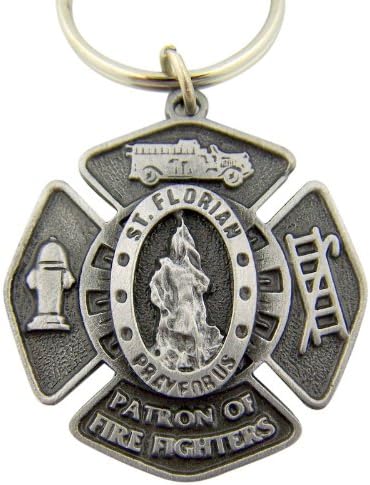 Saint Florian Patron of Fire Fighters Badge Shape Medal 1 5/8" Pewter Key Chain