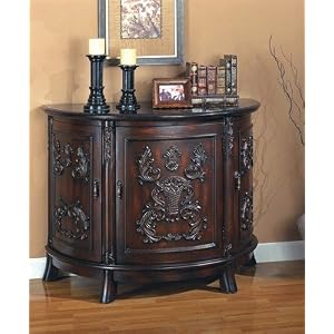 item Cherry finish wood bombe chest console table with black marble top by Coaster Company