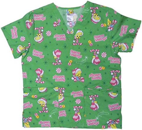 Looney Tunes Womens Green Tweety Bird Nurse Smock Christmas Medical Scrubs Top
