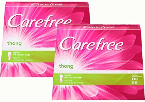 Carefree Thong Pantiliners with Wings, Regular Protection, Unscented, 98 Count, (Pack of 2)