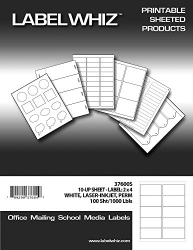 LabelWhiz Shipping and Mailing Labels for Laser and Inkjet Printers, 4 x 2 Inches, 10 per Sheet, 100 Sheets, White (37600S)