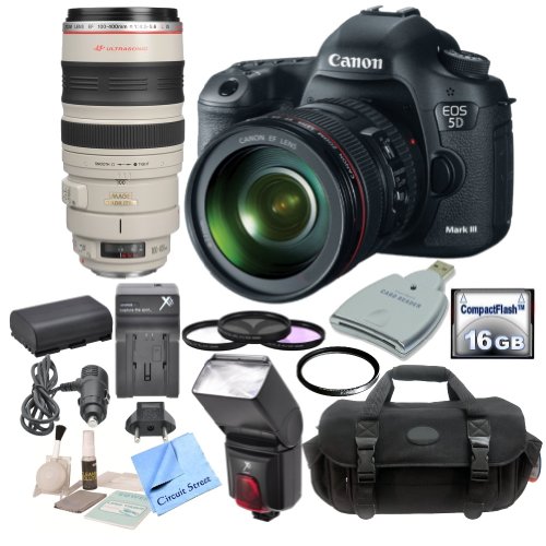 spec Canon EOS 5D Mark III 22.3 MP Full Frame CMOS with 1080p Full-HD Video Mode Digital SLR Camera (Body) With 2 Canon Lenses: Canon EF 100-400mm f/4.5-5.6L IS USM Telephoto Zoom Lens & Canon EF 24-105mm f/4L IS USM Zoom Lens, e-TTL Speedlite, 16GB High Speed Compact Flash Card, CF Card Reader, Carrying Case, 3 Piece Filter Kit, UV Filter, Spare Canon LPE6 Replacement Battery, Rapid Travel Charger, Starters Kit & CS Microfiber Cleaning Cloth