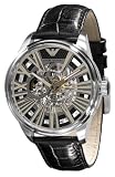 Emporio Armani Meccanico Skeleton Gents Round Case Black Dial Black Leather Strap Watch