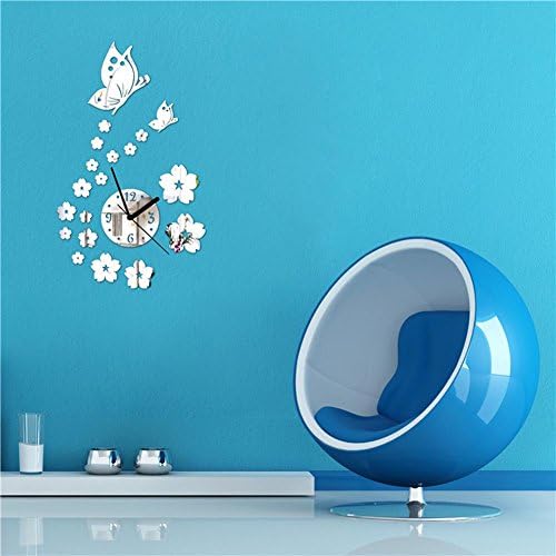 Enrichwall Home Decorative Removable Mural Acrylic Wall Sticker Creative Butterfly Dance With Flowers Clock Wall Arts Decal Paper Silver