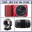 Sony Alpha NEX-3 Compact Interchangeable Lens Digital Camera w/16mm Lens (Red) + NEX Camera Mount Adapter + Sony 75-300mm f/4.5-5.6 Compact Super Telephoto Zoom Lens (SAL-75300)