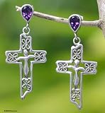 Amethyst earrings, 'Floral Cross'