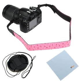 GTMax 49mm Lens Cap with Strap + Pink DSLR Camera Neck Shoulder Strap + Microfiber Cleaning Cloth for Sony NEX-F3 with E-mount 18-55mm F3.5-5.6 Lens