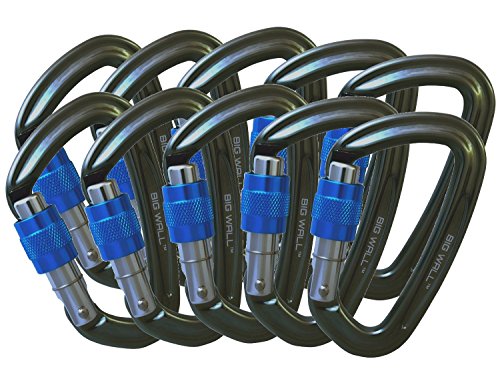 Big Wall Traverse - UIAA Certified 25kn Aluminum Carabiners - Screw Lock, Straight Gate or Bent Gate - Grey with Blue Screw Lock (10 Pack)
