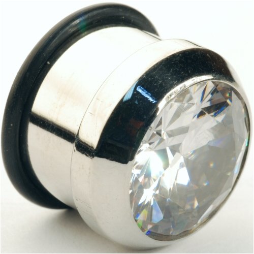 Single Stainless Steel Single Flared Faceted Gem Plug: 00g, 5/16 wearable length, Clear Gem