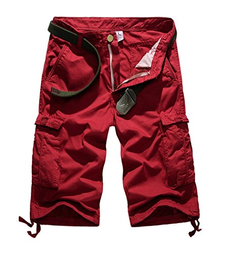 Lega Mens Summer Loose Fit Twill Multi Pocket Cargo Shorts(Red/38)