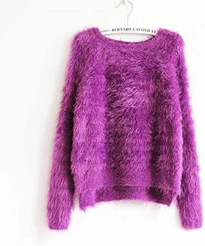YauYau Women Casual Loose Mohair Striped Round Neck Knitted Sweater Violet