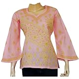 IMAGE OF Comfort Clothes Womens Short Sleeve Top Kurti India Wear Chikan Embroidery Size M (ctop448)