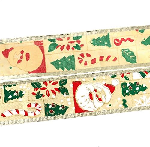 10 Yards (30 Feet) - 2 Inch (5cm) Width - Imitation Silk Satin Ribbon Christmas Tree Santa Claus Pattern with Golden Trim