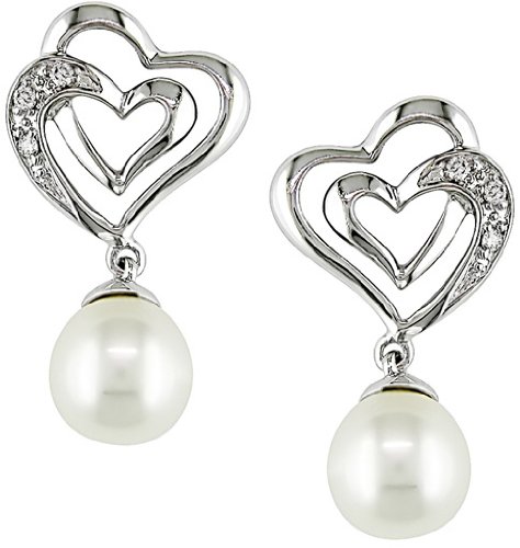 14K White Gold .03 ctw Diamond and 6-6.5mm Cultured Freshwater Pearl Earrings
