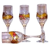 ArtisanStreet's Set Of 4 Sparking Champagne Flutes. Hand Painted In Abstract Design Featuring Yellow, Orange And Deep Gold Colors. One Of A Kind & Signed By Artisan.