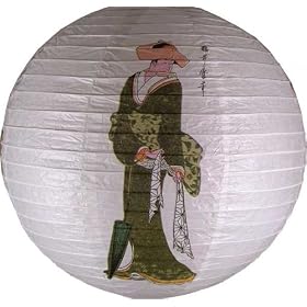 Japanese Geisha Design Round Paper Lantern (White) by Asian Home