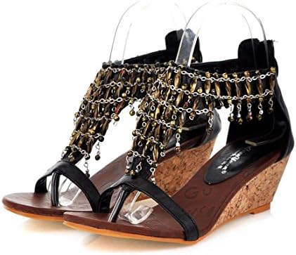 Emmalinglina Summer Women's Fashion Solid Bohemian Tassel Beaded Wedge Heel Thong Sandals Shoes 8 B(M)US Black