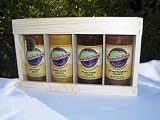 Hot Pepper Relish, Mango Ginger Chutney, Golden Honey and Harvest Raspberry Mustard, in Wooden Crate
