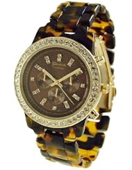 Geneva Platinum 9142 Womens Tortoise Brown Dial Decorative Chronograph Rhinestone Watch Tor-Gold