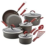 Rachael Ray Cucina Hard-Anodized Nonstick 12-Piece Cookware Set, Gray with Cranberry Red Handles