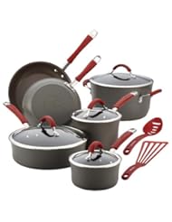 Kitchen: Rachael Ray Cucina Hard-Anodized Nonstick 12-Piece Cookware Set, Gray with Cranberry Red Handles - Meyer