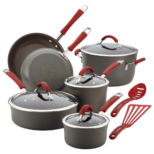 Rachael Ray Cucina Hard-Anodized Nonstick 12-Piece Cookware Set, Gray with Cranberry Red Handles image