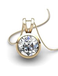 14KT Yellow Gold Full Bezel Set 1ctw Round Diamond Solitaire Pendant on 18 Cable Chain through V shaped bail 1 CTW