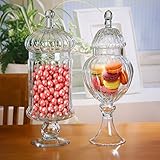 Set of 2 Clear Glass Ribbed Apothecary Jars / Kitchen Food Storage Jars / Candy Buffet Canisters w/ Lids
