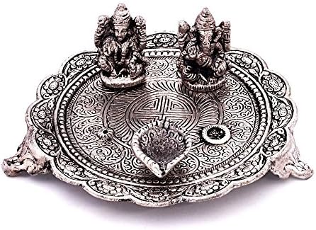 Total Furnishing White Metal Lord Laxmi Ganesh With Dia Thali