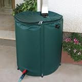Collapsible 52 Gallon Rain Barrel - Stands 28 High x 24 Wide -Flexible laminated polyester offers superior strength, durability, and resistance to weatering. Zippered top with mesh screen to keep leaves and debris from entering rain barrel. On/Off valve on bottom to control flow. Overflow valve included at top.UV Ressistant for years. Capture and store rainwater from your gutter or downspout. Weighs less than 6 lbs when empty.Condition: BRAND NEW