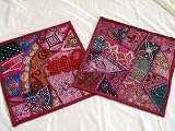 2 INDIA MAROON PATCHWORK BEADED TAPESTRY THROW PILLOWS