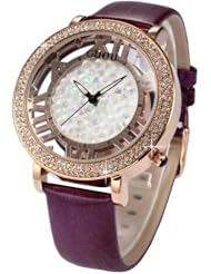 Rose Gold Transparent Blue Crystal Case Lady Women Purple Leather Quartz Wrist Watch WK1152