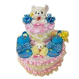 赤ちゃん用ぬいぐるみ・人形 おむつケーキ【2段】サンダル＆携帯ストラップ＆ぬいぐるみ付き出産祝い女の子用