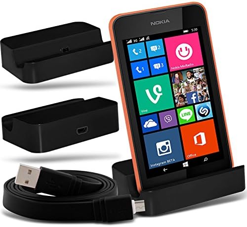 ( Black + Data Cable ) Nokia Lumia 530 Protective Stylish Fitted Micro USB Desktop Charging Dock Mount Stand With Micro USB Flat Data Sync Charging Cable by ONX3