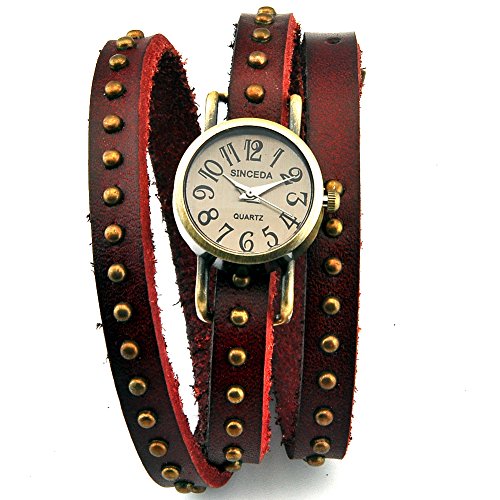Sinceda Retro Watch Women's Punk Wrap Genuine Leather Fashion Watch Rivet Strap