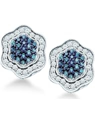 Blue and White Round Brilliant Cut Diamond Stud Earrings in 10k Yellow OR White Gold Flower Shape Setting (3/4 cttw)