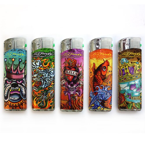 5-PACK Ed Hardy Refillable Tattoo Color Changing LED Lighters (EH-LT-120)