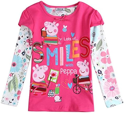 Peppa Pig Little Girls' Spring Fall Long-Sleeve Cartoon Printing Cotton T Shirts,Pink,5/6Y